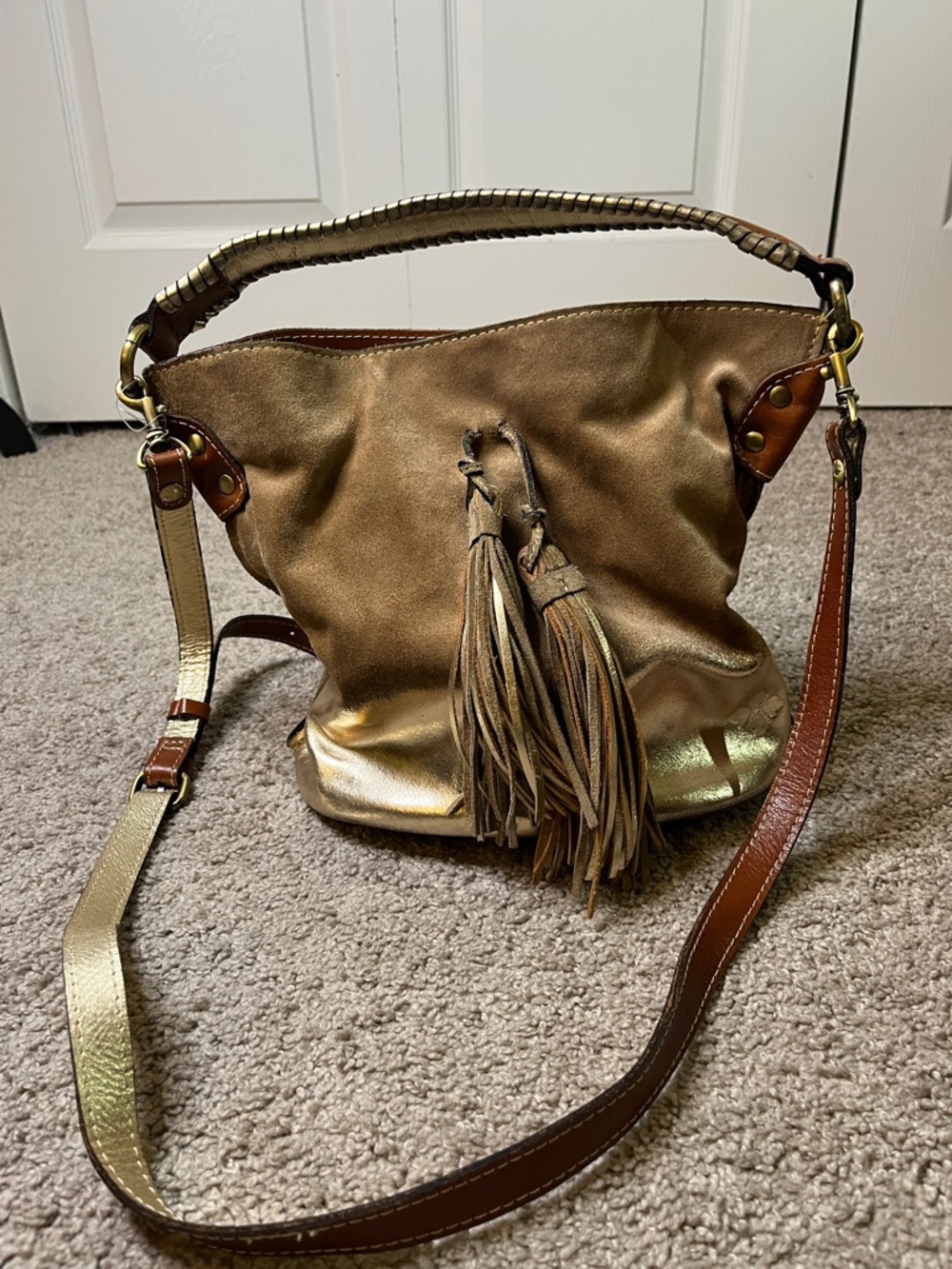 Patricia Nash Otavia Metallic Dip Dye Bucket Bag Tan Gold Leather Suede Tassel